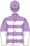 Mauve, white hoops, halved sleeves, mauve cap