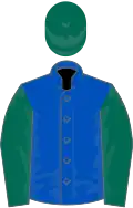 Royal blue, dark green sleeves and cap