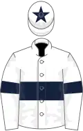 White,dark blue hoop,white sleeves,dark blue armlet,white cap,dark blue star