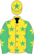 ellow, emerald green stars, emerald green sleeves, yellow stars, yellow cap, emerald green star