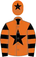 Orange, black star, black and orange hooped sleeves, orange cap, black star