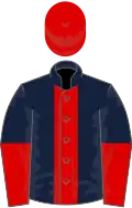 Dark blue, red panel, red and dark blue halved sleeves, red cap