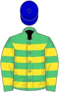 Emerald green, yellow hoops, blue cap