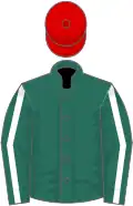 Forest green, white horseshoe, white seams on sleeves, red cap