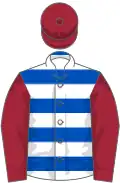Royal blue and white hoops, maroon sleeves and cap