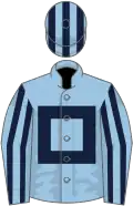 Light blue, dark blue hollow box, striped sleeves and cap