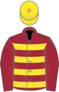 Maroon and yellow hoops, maroon sleeves, yellow cap