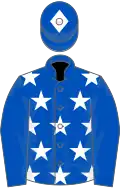 Royal blue, white stars, royal blue sleeves, royal blue cap, white diamond