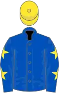 Royal blue, yellow sash, royal blue sleeves, yellow stars, yellow cap