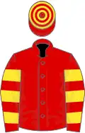 Red, yellow hooped sleeves, yellow cap