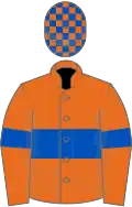 Orange, royal blue hoop and armlets, check cap