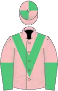 Pink, emerald green chevron, halved sleeves, emerald green and pink quartered cap