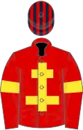 Red, yellow cross of lorraine and armlets, red and dark blue striped cap
