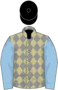 Beige and grey diamonds, light blue sleeves, black cap