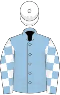 Light blue, light blue and white check sleeves, white cap