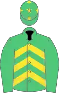 Emerald green, yellow chevrons, emerald green sleeves, emerald green cap, yellow stars