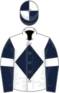 White, dark blue diamond, blue sleeves, white armlets, quartered cap