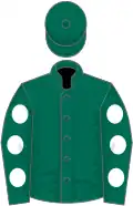 Dark green, white spots on sleeves, dark green cap