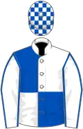 White and royal blue quartered, royal blue seams on sleeves, check cap