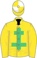YELLOW, emerald green cross of lorraine, yellow and white quartered cap