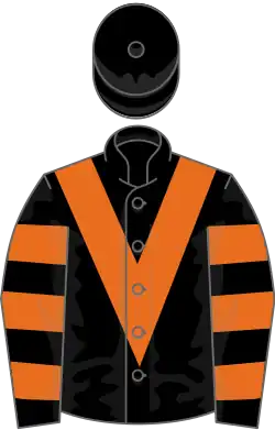 Black, orange chevron, hooped sleeves, black cap