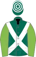 Dark green, white cross belts, light green sleeves, dark green and white hooped cap