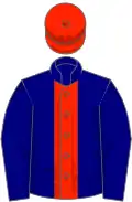 Navy blue, scarlet stripe and cap