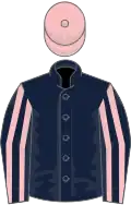 Dark blue, dark blue and pink striped sleeves, pink cap