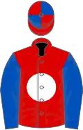 Red, white disc, royal blue sleeves, red and royal blue quartered cap