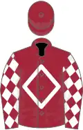 Maroon, white diamond frame, white diamonds on sleeves, maroon cap