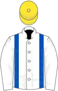 White, royal blue braces, yellow cap