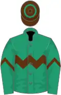 Emerald green, brown chevron hoop, armlets and cap with green hoop