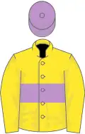 Yellow, mauve hoop, mauve cap