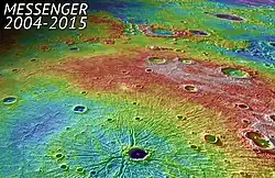 Perspective view of Caloris – high (red); low (blue).