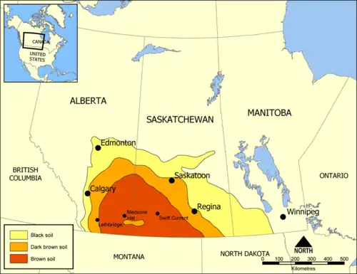 A map, showing a triangle of colours radiating out from a centrepoint on the border between Saskatchewan and Alberta, about 10% of the way up from the US border, and extending out rougly to Edmonton as the top corner, the BC-Alberta-Montana tripoint as a second corner, and the Canada US border below Winnipeg as the third point.