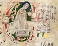 Circa 1125-1150 A.D., Germany. Schlessinger wrote, "Both instruments have three strings and the characteristic guitar outline with incurvations, the rotta differing in having no neck."[153]