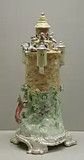 Perfume burner in the form of a dove-cote with prowling fox, c. 1759–1765, 51 centimetres (20&nbsp;in) high