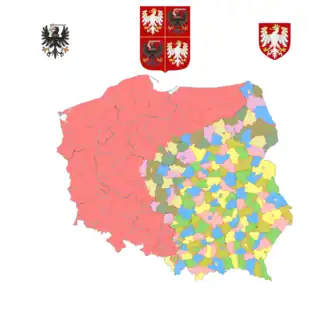 Map of current Poland with Polish Prussia in red & pink (borders aligned to counties of Poland)