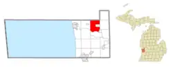 Location within Ottawa County (red) and an administered portion of the Lamont CDP (pink)