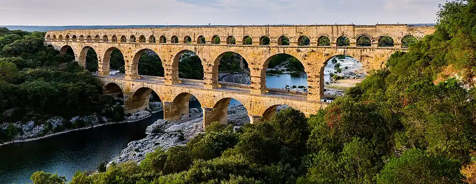 The three-story Roman Pont du Gard aqueduct near Nimes, France