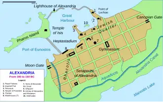 Plan of the city of Alexandria including road layout, major buildings, and hydrographical details.