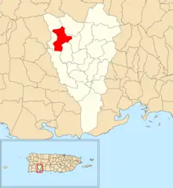 Location of Ranchera within the municipality of Yauco shown in red