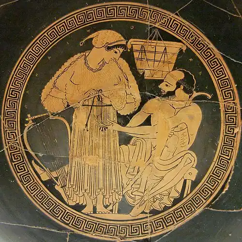 A prostitute putting on her himation in front of her client. The lyre shows that she is a musician called for a banquet. Tondo of an Attic cup with red figures. Euphronius v.&nbsp;490 BC, British Museum.