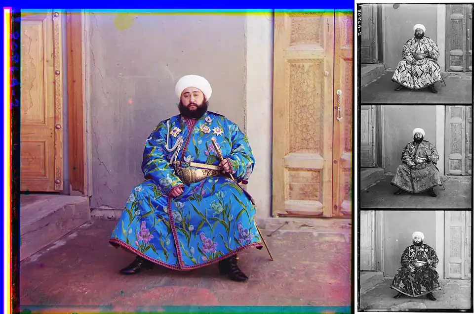 Simple, unretouched color composite of Alim Khan, last Emir of Bukhara, 1911. At right, the original triple negative on glass, shown here in positive form. Prokudin-Gorsky photographed the upper, middle and lower images through blue, green and red filters.