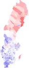 Coalition results, red (S, V, C, MP) to blue (SD, M, KD, L), shaded by strength