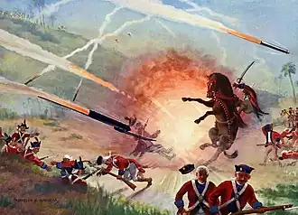 The Battle of Pollilur, where the forces of Hyder Ali effectively used Mysorean rockets and Rocket artillery against closely massed East India Company troops.