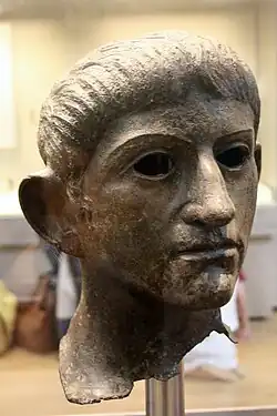 Room 49 - Bronze head of a Roman emperor, Claudius or Nero,[98] from Rendham in Suffolk, eastern England, 1st century AD