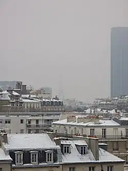 Gray, snowy aerial view of Paris