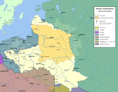Political map of the border changes due to the First Partition of Poland