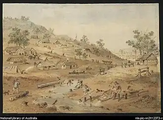 Diggings in the Mount Alexander district of Victoria in 1852, 1874, watercolour on paper; 24.5 x 35&nbsp;cm.